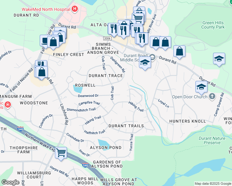 map of restaurants, bars, coffee shops, grocery stores, and more near 2605 Deanwood Drive in Raleigh