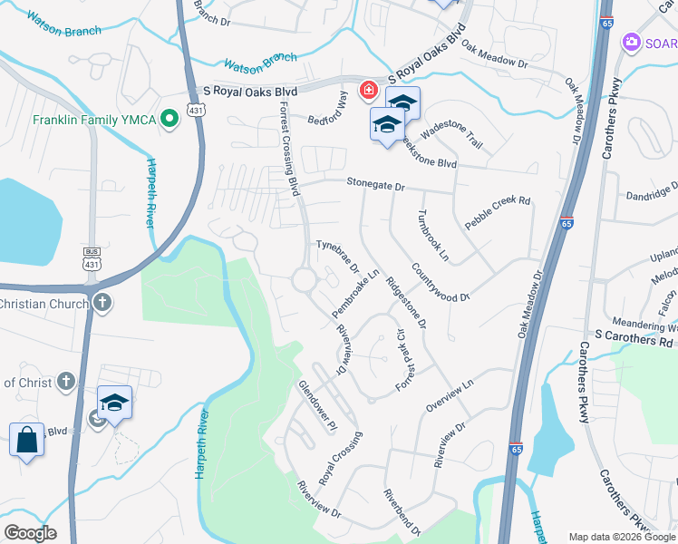map of restaurants, bars, coffee shops, grocery stores, and more near 1344 Charing Cross Circle in Franklin