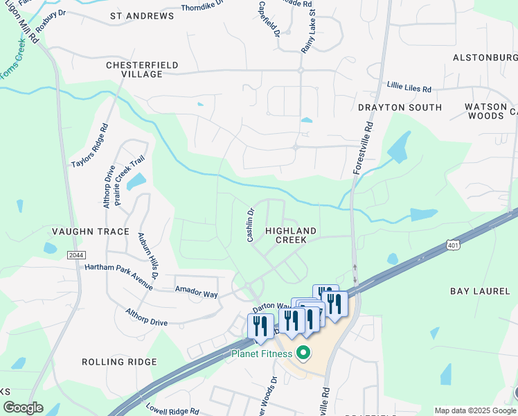 map of restaurants, bars, coffee shops, grocery stores, and more near 2647 Cashlin Drive in Raleigh