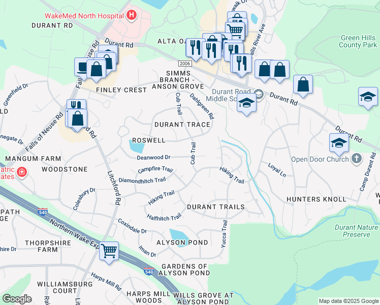 map of restaurants, bars, coffee shops, grocery stores, and more near 8904 Cub Trail in Raleigh