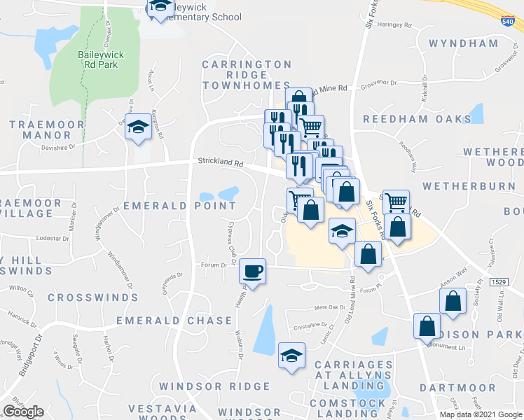 map of restaurants, bars, coffee shops, grocery stores, and more near 8720 Harvest Oaks Drive in Raleigh