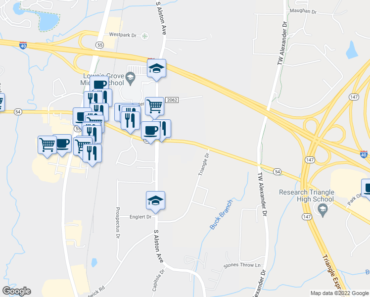 map of restaurants, bars, coffee shops, grocery stores, and more near 2504 North Carolina 54 in Durham