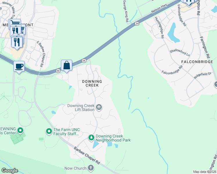 map of restaurants, bars, coffee shops, grocery stores, and more near 1156 Belfair Way in Chapel Hill