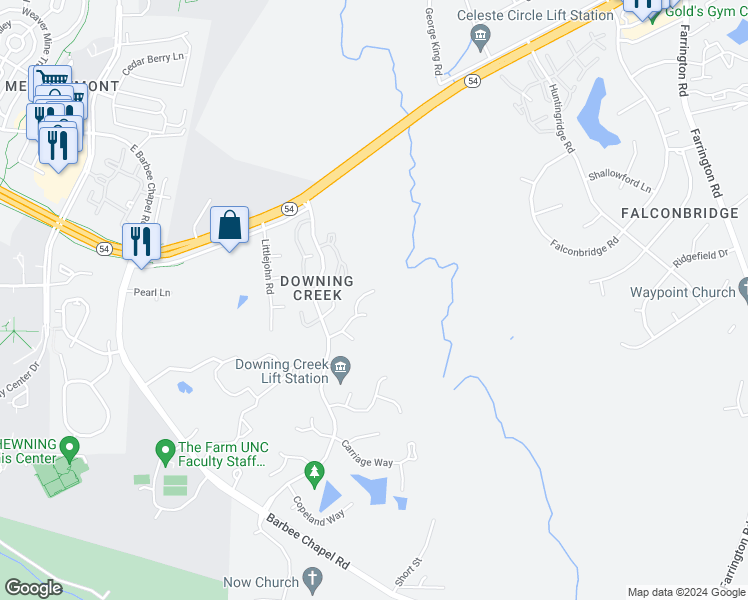 map of restaurants, bars, coffee shops, grocery stores, and more near 1156 Belfair Way in Chapel Hill