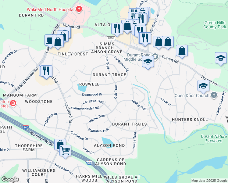 map of restaurants, bars, coffee shops, grocery stores, and more near 8904 Cub Trail in Raleigh