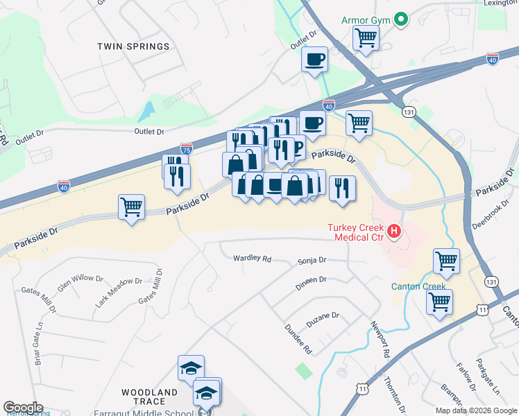 map of restaurants, bars, coffee shops, grocery stores, and more near 11120 Parkside Drive in Knoxville