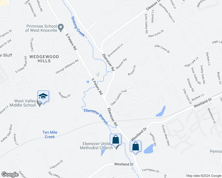 map of restaurants, bars, coffee shops, grocery stores, and more near 8709 Olde Colony Trail in Knoxville