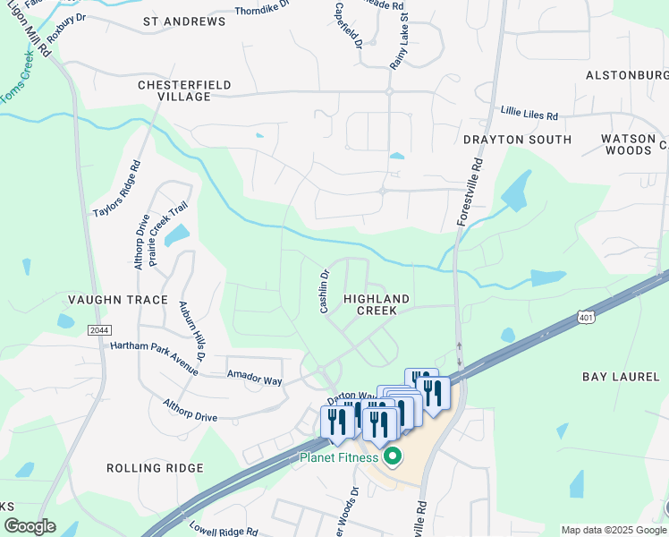 map of restaurants, bars, coffee shops, grocery stores, and more near 2647 Cashlin Drive in Raleigh