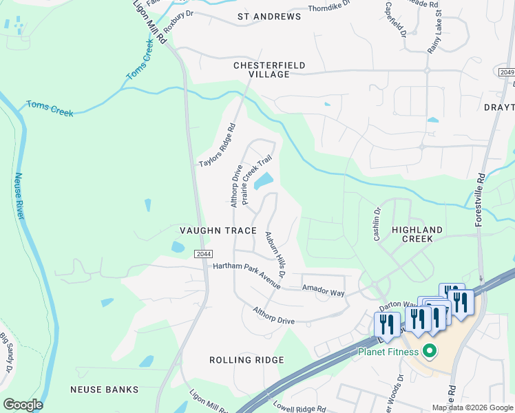 map of restaurants, bars, coffee shops, grocery stores, and more near 3440 Teravista Way in Raleigh