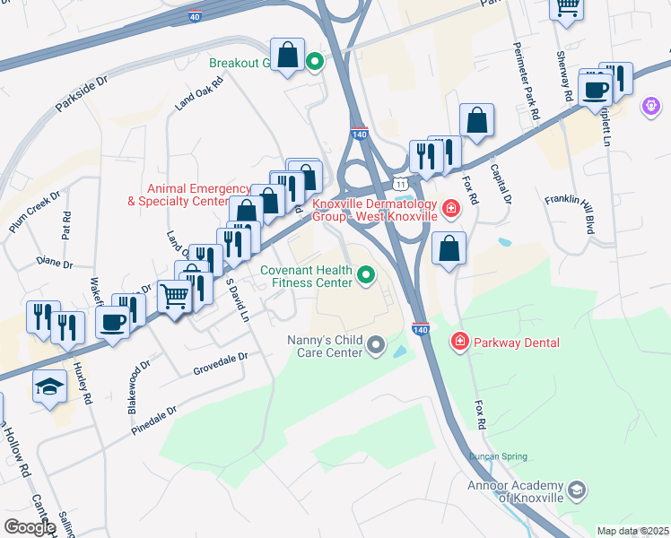 map of restaurants, bars, coffee shops, grocery stores, and more near 200 Fort Sanders West Boulevard in Knoxville