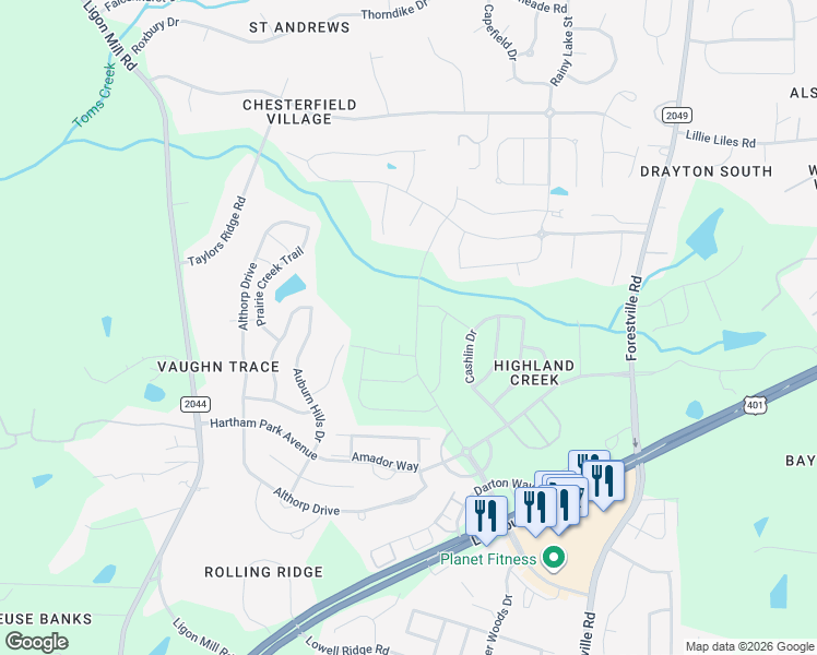 map of restaurants, bars, coffee shops, grocery stores, and more near 2716 Cashlin Drive in Raleigh