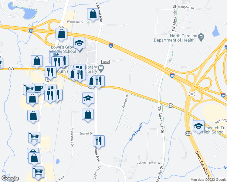 map of restaurants, bars, coffee shops, grocery stores, and more near 2504 North Carolina 54 in Durham