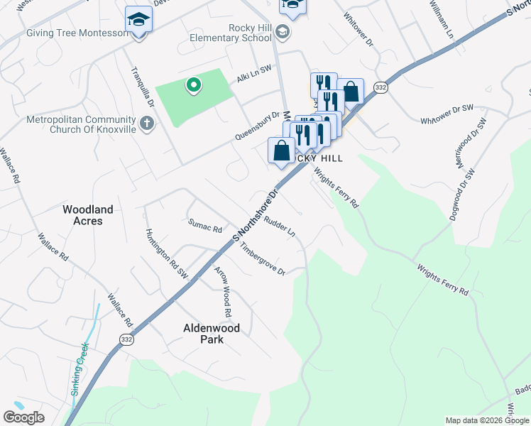 map of restaurants, bars, coffee shops, grocery stores, and more near 1409 Rudder Lane in Knoxville