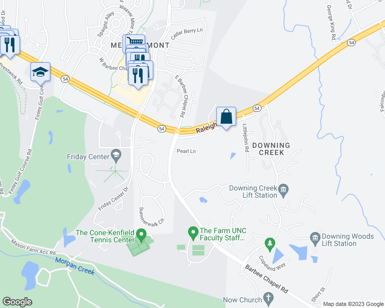 map of restaurants, bars, coffee shops, grocery stores, and more near 6 Elmdale Drive in Chapel Hill