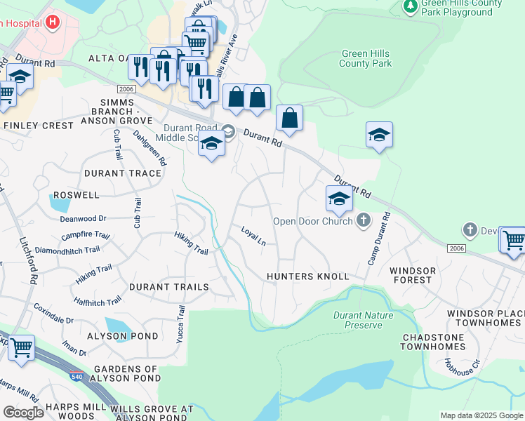 map of restaurants, bars, coffee shops, grocery stores, and more near 3216 Eagle Trail in Raleigh