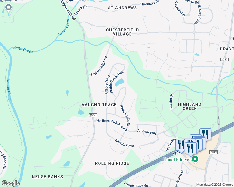 map of restaurants, bars, coffee shops, grocery stores, and more near 3440 Teravista Way in Raleigh