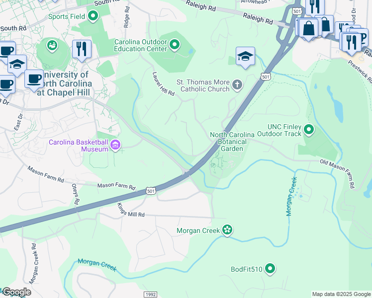map of restaurants, bars, coffee shops, grocery stores, and more near 110 Fern Lane in Chapel Hill