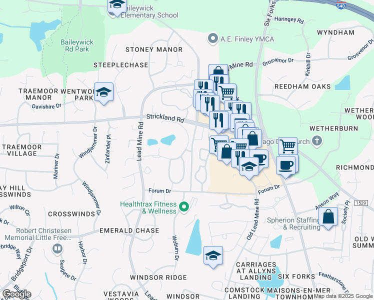 map of restaurants, bars, coffee shops, grocery stores, and more near 8720 Harvest Oaks Drive in Raleigh