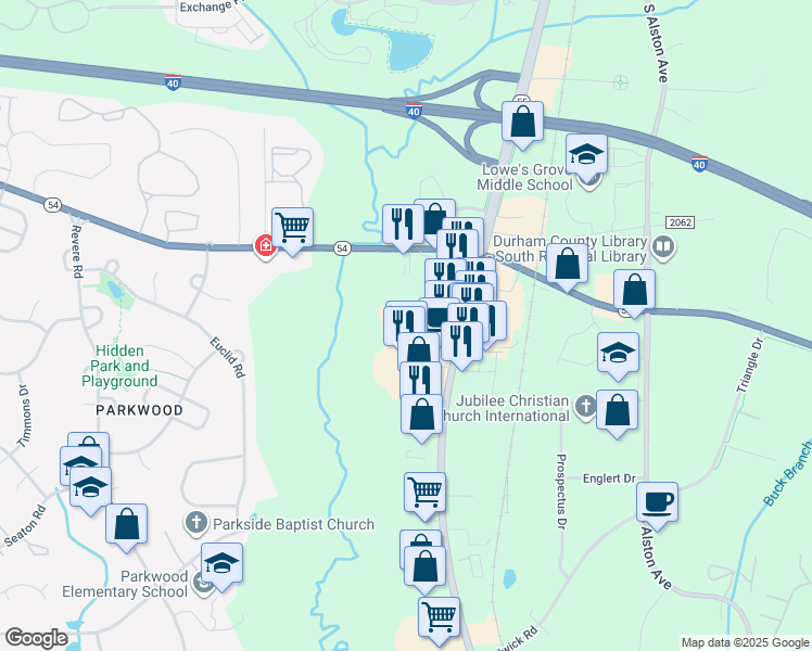 map of restaurants, bars, coffee shops, grocery stores, and more near 4900 North Carolina 55 in Durham