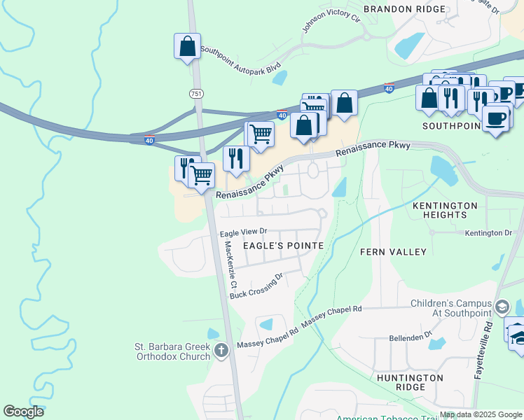 map of restaurants, bars, coffee shops, grocery stores, and more near 8406 Eagle View Drive in Durham
