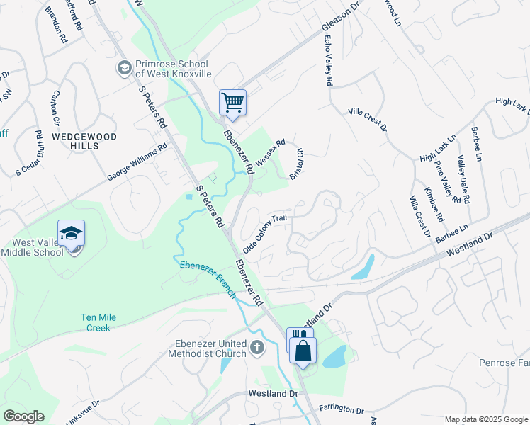map of restaurants, bars, coffee shops, grocery stores, and more near 8709 Olde Colony Trail in Knoxville