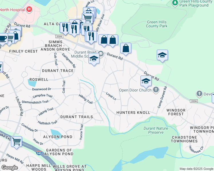 map of restaurants, bars, coffee shops, grocery stores, and more near 3204 Eagle Trail in Raleigh