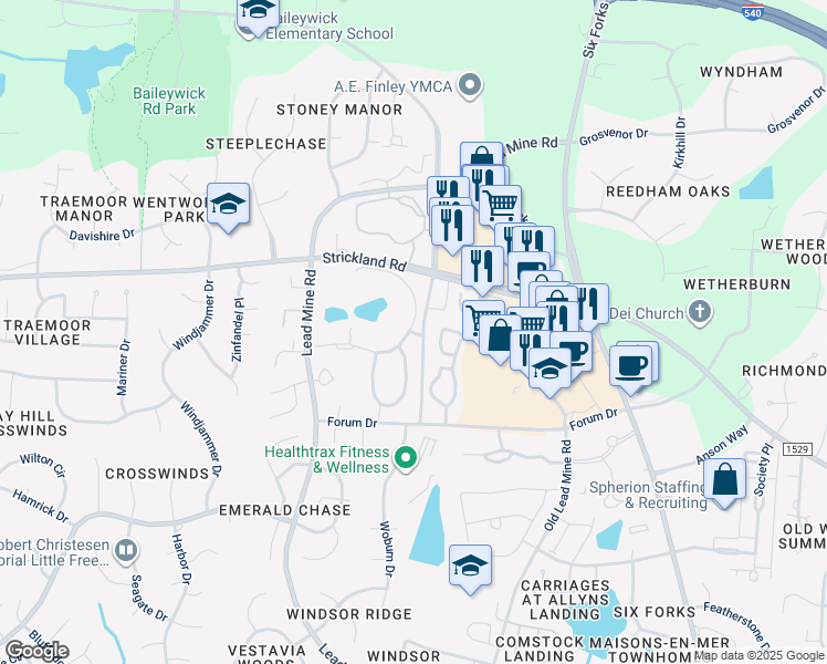 map of restaurants, bars, coffee shops, grocery stores, and more near 8831 Cypress Lakes Drive in Raleigh