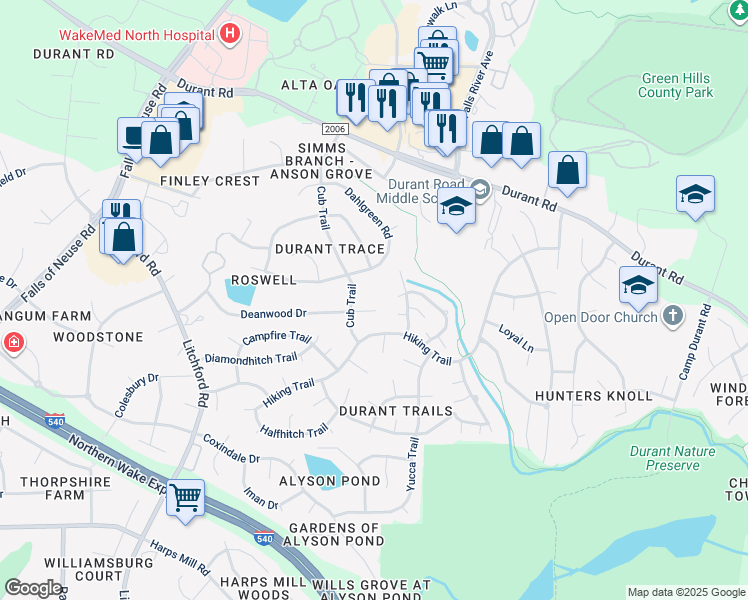 map of restaurants, bars, coffee shops, grocery stores, and more near 2613 Deanwood Drive in Raleigh