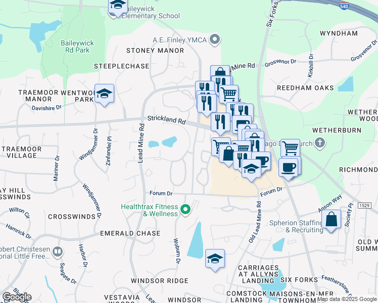 map of restaurants, bars, coffee shops, grocery stores, and more near 8831 Cypress Lakes Drive in Raleigh