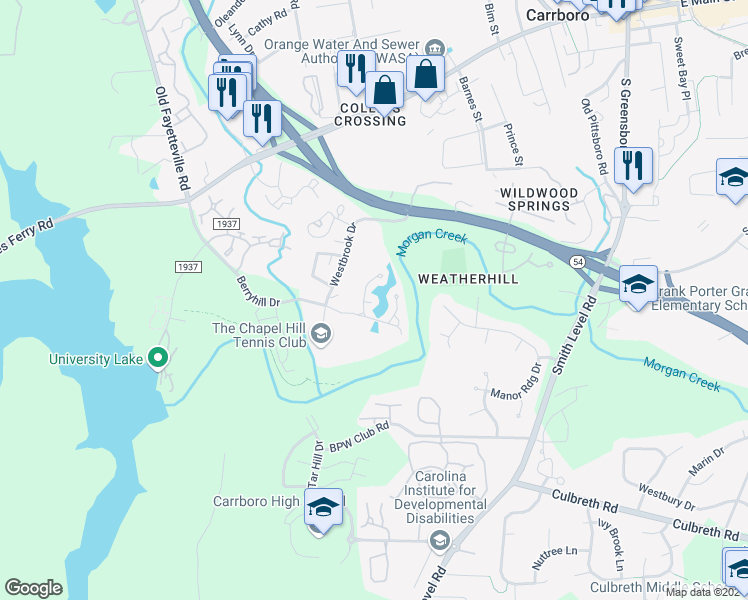 map of restaurants, bars, coffee shops, grocery stores, and more near 120 Weatherhill Point in Carrboro