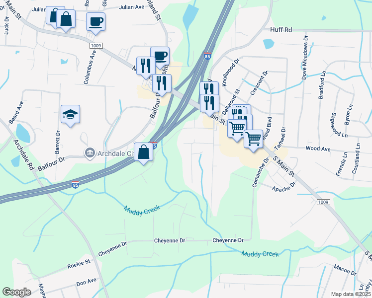 map of restaurants, bars, coffee shops, grocery stores, and more near 201 Interstate Drive in Archdale