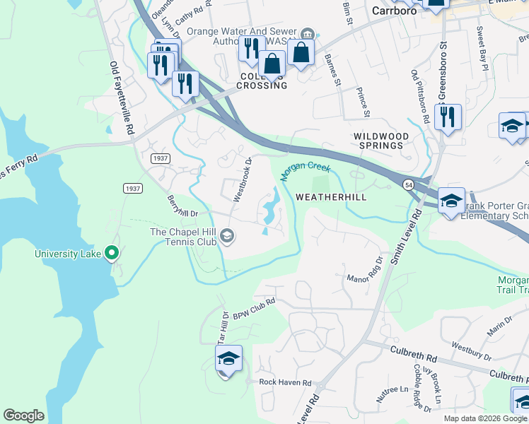 map of restaurants, bars, coffee shops, grocery stores, and more near 128 Weatherhill Point in Carrboro