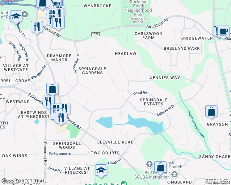 map of restaurants, bars, coffee shops, grocery stores, and more near 8800 Trailing Cedar Drive in Raleigh