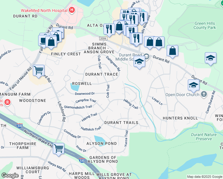 map of restaurants, bars, coffee shops, grocery stores, and more near 2605 Deanwood Drive in Raleigh