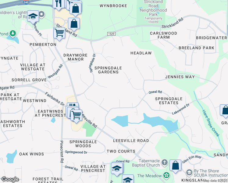 map of restaurants, bars, coffee shops, grocery stores, and more near 5001 Trail Ridge Drive in Raleigh