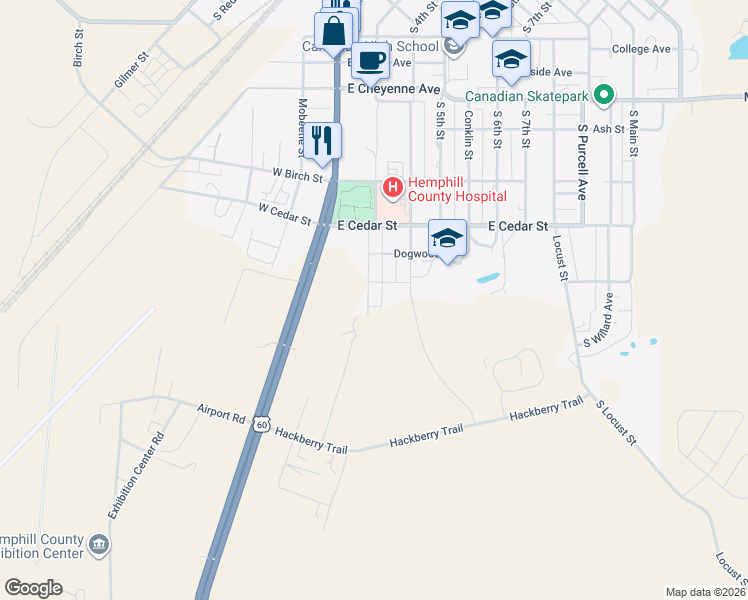 map of restaurants, bars, coffee shops, grocery stores, and more near 1200 South 3rd Street in Canadian