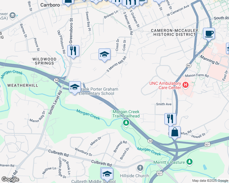 map of restaurants, bars, coffee shops, grocery stores, and more near 1100 North Carolina 54 in Chapel Hill
