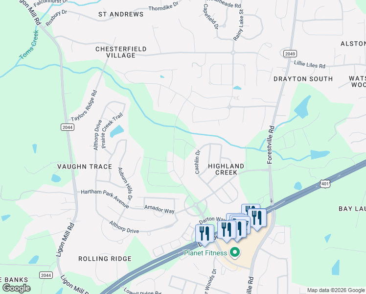 map of restaurants, bars, coffee shops, grocery stores, and more near Abbot Hall Drive in Raleigh