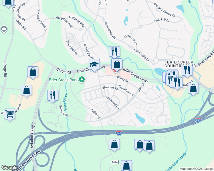map of restaurants, bars, coffee shops, grocery stores, and more near 10203 Cerny Street in Raleigh