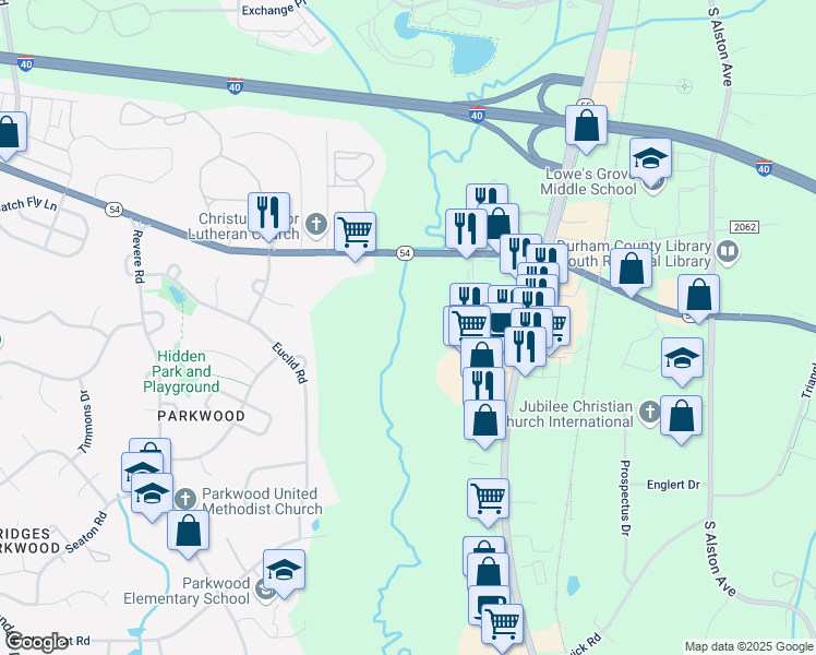 map of restaurants, bars, coffee shops, grocery stores, and more near 1822 Apex Highway in Durham