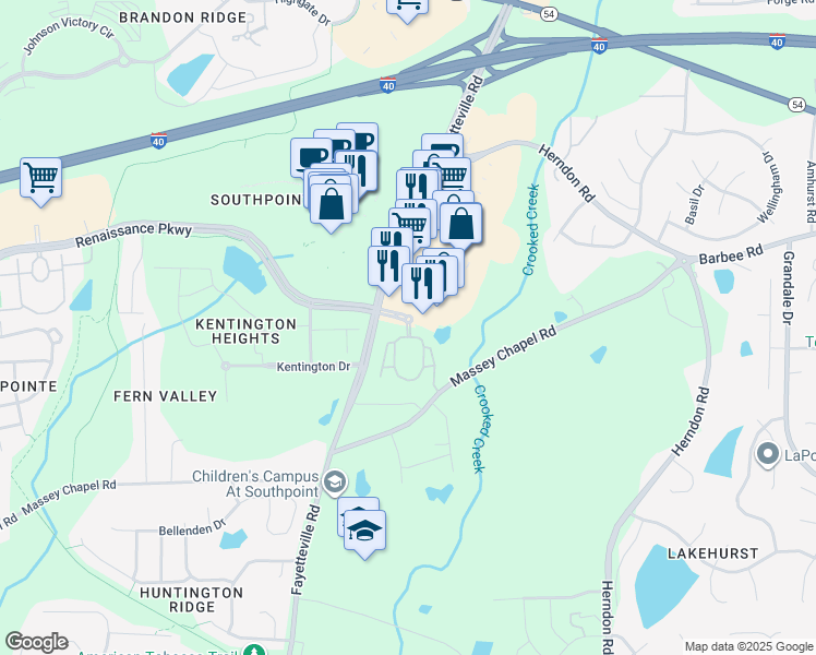 map of restaurants, bars, coffee shops, grocery stores, and more near 7011 Fayetteville Road in Durham