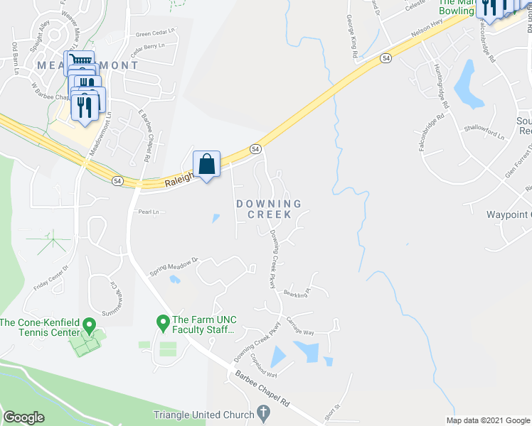 map of restaurants, bars, coffee shops, grocery stores, and more near 1238 Cranebridge Place in Chapel Hill