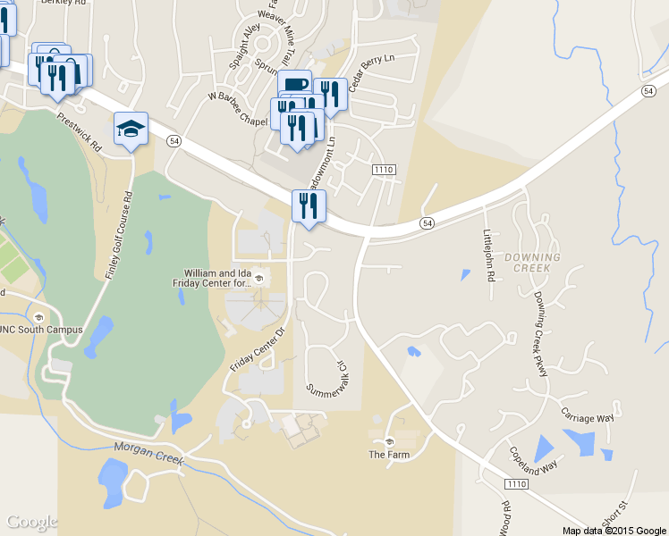 map of restaurants, bars, coffee shops, grocery stores, and more near 100 Marriott Way in Chapel Hill