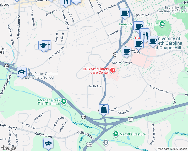 map of restaurants, bars, coffee shops, grocery stores, and more near 428 Westwood Drive in Chapel Hill