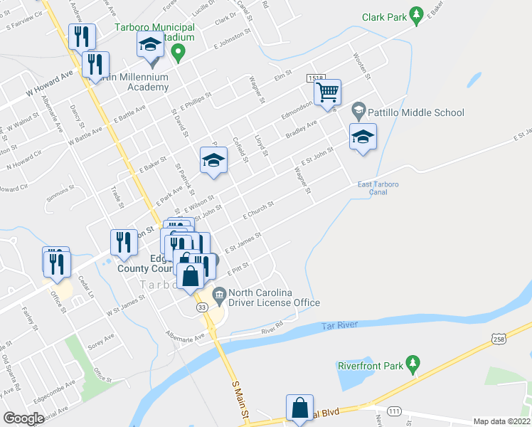 map of restaurants, bars, coffee shops, grocery stores, and more near 511 East Church Street in Tarboro