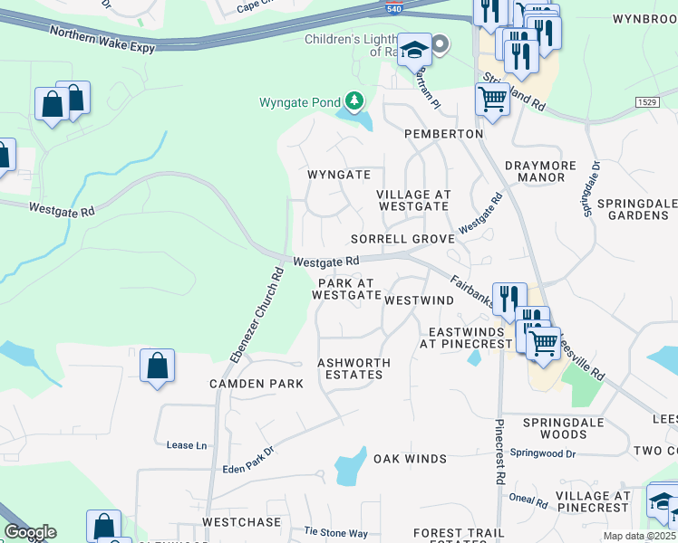 map of restaurants, bars, coffee shops, grocery stores, and more near 5632 Slide Rock Lane in Raleigh