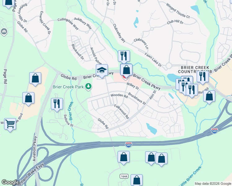 map of restaurants, bars, coffee shops, grocery stores, and more near 10203 Cerny Street in Raleigh
