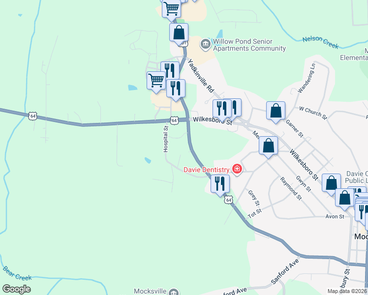 map of restaurants, bars, coffee shops, grocery stores, and more near 682 Valley Road in Mocksville