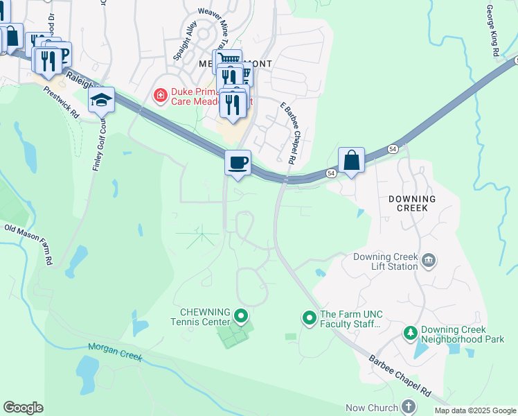map of restaurants, bars, coffee shops, grocery stores, and more near 256 Brookberry Circle in Chapel Hill