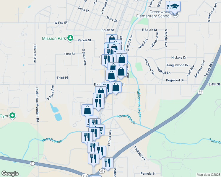 map of restaurants, bars, coffee shops, grocery stores, and more near 1205 South Muskogee Avenue in Tahlequah